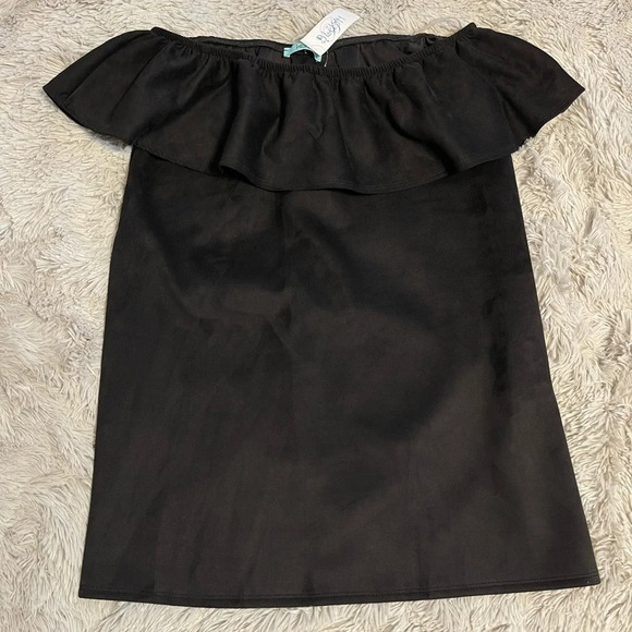 NWT Karlie mini dress faux suede off shoulder black ruffle small - Picture 3 of 8